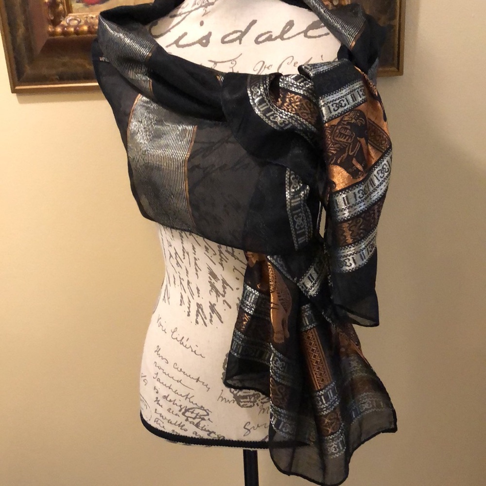 Elephant print metallic deep bronze gold silver on black semi sheer oblong scarf